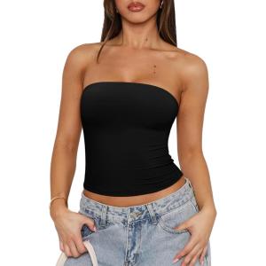 imageREORIA Womens Y2K Strapless Backless Tube Top Double Lined Sleeveless Crop Tank Top for Summer 2025 Going OutBlack