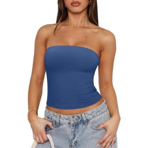 imageREORIA Womens Y2K Strapless Backless Tube Top Double Lined Sleeveless Crop Tank Top for Summer 2025 Going OutBlue