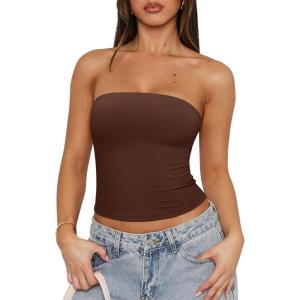 imageREORIA Womens Y2K Strapless Backless Tube Top Double Lined Sleeveless Crop Tank Top for Summer 2025 Going OutBrown