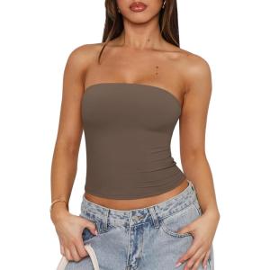 imageREORIA Womens Y2K Strapless Backless Tube Top Double Lined Sleeveless Crop Tank Top for Summer 2025 Going OutCoffee Grey