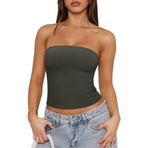 imageREORIA Womens Y2K Strapless Backless Tube Top Double Lined Sleeveless Crop Tank Top for Summer 2025 Going OutGrey Green