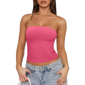 imageREORIA Womens Y2K Strapless Backless Tube Top Double Lined Sleeveless Crop Tank Top for Summer 2025 Going OutNeon Pink