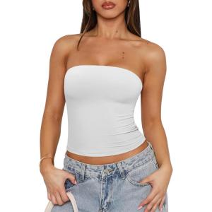 imageREORIA Womens Y2K Strapless Backless Tube Top Double Lined Sleeveless Crop Tank Top for Summer 2025 Going OutWhite
