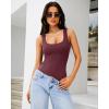imageREORIA Bodysuit for Women Scoop Neck Sleeveless Tank Top Bodysuits 2025 Sexy Thong Bodysuit Basic Leotards for WomenCordovan