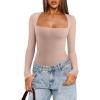 imageREORIA Womens Basic Lightweight Layering Sexy Slim Square Neck Long Sleeve Bodysuit TopsApricot
