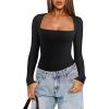 imageREORIA Womens Basic Lightweight Layering Sexy Slim Square Neck Long Sleeve Bodysuit TopsBlack