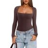 imageREORIA Womens Basic Lightweight Layering Sexy Slim Square Neck Long Sleeve Bodysuit TopsCocoa