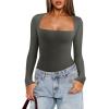 imageREORIA Womens Basic Lightweight Layering Sexy Slim Square Neck Long Sleeve Bodysuit TopsGrey