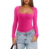 imageREORIA Womens Basic Lightweight Layering Sexy Slim Square Neck Long Sleeve Bodysuit TopsNeon Rose Red