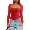 imageREORIA Womens Basic Lightweight Layering Sexy Slim Square Neck Long Sleeve Bodysuit TopsRed