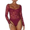 imageREORIA Womens Sexy Floral Lace Sweetheart Neck Mesh Long Sleeve Trendy Going Out Slimming Y2K Bustier Corset Thong BodysuitsBurgundy