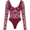 imageREORIA Womens Sexy Floral Lace Sweetheart Neck Mesh Long Sleeve Trendy Going Out Slimming Y2K Bustier Corset Thong BodysuitsBurgundy