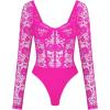 imageREORIA Womens Sexy Floral Lace Sweetheart Neck Mesh Long Sleeve Trendy Going Out Slimming Y2K Bustier Corset Thong BodysuitsRose