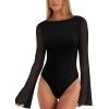 imageREORIA Womens Trendy Sexy Boat Neck Bell Sleeve Sheer Mesh Going Out Bodysuit TopsBlack