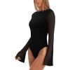 imageREORIA Womens Trendy Sexy Boat Neck Bell Sleeve Sheer Mesh Going Out Bodysuit TopsBlack