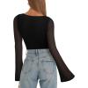 imageREORIA Womens Trendy Sexy Boat Neck Bell Sleeve Sheer Mesh Going Out Bodysuit TopsBlack