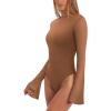 imageREORIA Womens Trendy Sexy Boat Neck Bell Sleeve Sheer Mesh Going Out Bodysuit TopsBrown