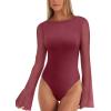 imageREORIA Womens Trendy Sexy Boat Neck Bell Sleeve Sheer Mesh Going Out Bodysuit TopsBurdundy