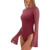 imageREORIA Womens Trendy Sexy Boat Neck Bell Sleeve Sheer Mesh Going Out Bodysuit TopsBurdundy
