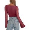 imageREORIA Womens Trendy Sexy Boat Neck Bell Sleeve Sheer Mesh Going Out Bodysuit TopsBurdundy