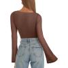 imageREORIA Womens Trendy Sexy Boat Neck Bell Sleeve Sheer Mesh Going Out Bodysuit TopsCoffee