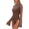 imageREORIA Womens Trendy Sexy Boat Neck Bell Sleeve Sheer Mesh Going Out Bodysuit TopsCoffee