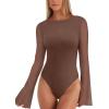 imageREORIA Womens Trendy Sexy Boat Neck Bell Sleeve Sheer Mesh Going Out Bodysuit TopsCoffee