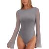imageREORIA Womens Trendy Sexy Boat Neck Bell Sleeve Sheer Mesh Going Out Bodysuit TopsDeep Grey