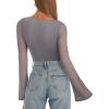 imageREORIA Womens Trendy Sexy Boat Neck Bell Sleeve Sheer Mesh Going Out Bodysuit TopsDeep Grey