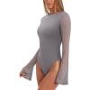 imageREORIA Womens Trendy Sexy Boat Neck Bell Sleeve Sheer Mesh Going Out Bodysuit TopsDeep Grey