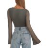 imageREORIA Womens Trendy Sexy Boat Neck Bell Sleeve Sheer Mesh Going Out Bodysuit TopsGrey Green