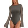 imageREORIA Womens Trendy Sexy Boat Neck Bell Sleeve Sheer Mesh Going Out Bodysuit TopsGrey Green