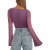 imageREORIA Womens Trendy Sexy Boat Neck Bell Sleeve Sheer Mesh Going Out Bodysuit TopsPurple