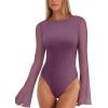 imageREORIA Womens Trendy Sexy Boat Neck Bell Sleeve Sheer Mesh Going Out Bodysuit TopsPurple