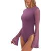 imageREORIA Womens Trendy Sexy Boat Neck Bell Sleeve Sheer Mesh Going Out Bodysuit TopsPurple