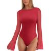 imageREORIA Womens Trendy Sexy Boat Neck Bell Sleeve Sheer Mesh Going Out Bodysuit TopsRed