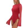 imageREORIA Womens Trendy Sexy Boat Neck Bell Sleeve Sheer Mesh Going Out Bodysuit TopsRed