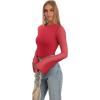 imageREORIA Womens Trendy Sexy Boat Neck Bell Sleeve Sheer Mesh Going Out Bodysuit TopsRed