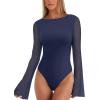 imageREORIA Womens Trendy Sexy Boat Neck Bell Sleeve Sheer Mesh Going Out Bodysuit TopsStarry Blue