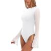 imageREORIA Womens Trendy Sexy Boat Neck Bell Sleeve Sheer Mesh Going Out Bodysuit TopsWhite