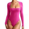 imageREORIA Womens Basic Lightweight Layering Sexy Slim Square Neck Long Sleeve Bodysuit TopsNeon Rose Red