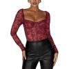 imageREORIA Womens Sexy Floral Lace Sweetheart Neck Mesh Long Sleeve Trendy Going Out Slimming Y2K Bustier Corset Thong BodysuitsBurgundy