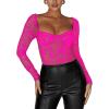 imageREORIA Womens Sexy Floral Lace Sweetheart Neck Mesh Long Sleeve Trendy Going Out Slimming Y2K Bustier Corset Thong BodysuitsRose