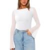 imageREORIA Womens Trendy Sexy Boat Neck Bell Sleeve Sheer Mesh Going Out Bodysuit TopsWhite