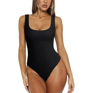 imageREORIA Bodysuit for Women Scoop Neck Sleeveless Tank Top Bodysuits 2025 Sexy Thong Bodysuit Basic Leotards for WomenBlack