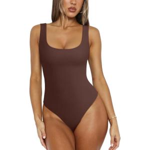 imageREORIA Bodysuit for Women Scoop Neck Sleeveless Tank Top Bodysuits 2025 Sexy Thong Bodysuit Basic Leotards for WomenCoffee