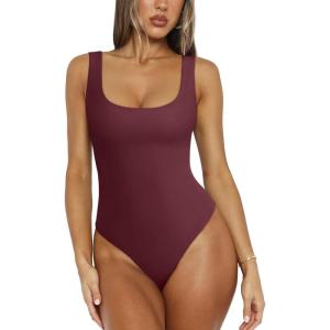 imageREORIA Bodysuit for Women Scoop Neck Sleeveless Tank Top Bodysuits 2025 Sexy Thong Bodysuit Basic Leotards for WomenCordovan