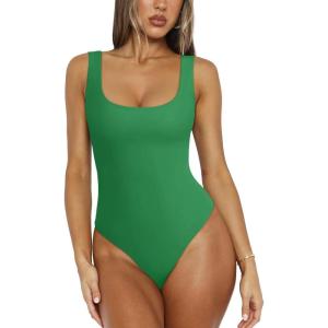 imageREORIA Bodysuit for Women Scoop Neck Sleeveless Tank Top Bodysuits 2025 Sexy Thong Bodysuit Basic Leotards for WomenKelly Green