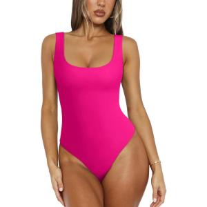 imageREORIA Bodysuit for Women Scoop Neck Sleeveless Tank Top Bodysuits 2025 Sexy Thong Bodysuit Basic Leotards for WomenNeon Rose Red