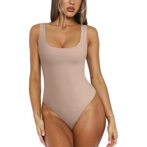 imageREORIA Bodysuit for Women Scoop Neck Sleeveless Tank Top Bodysuits 2025 Sexy Thong Bodysuit Basic Leotards for WomenSand